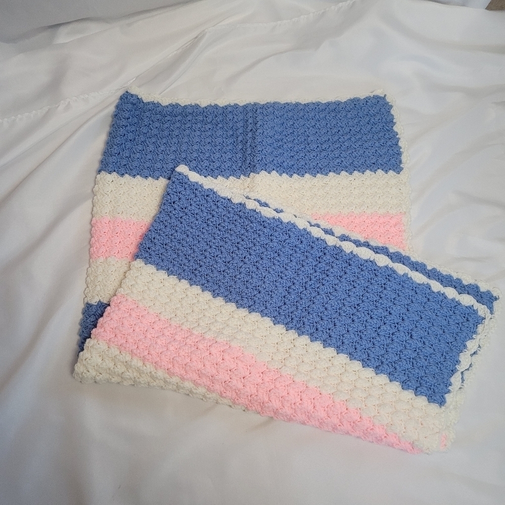 Handmade Crocheted Pink White & Blue Striped Baby Crib Blanket